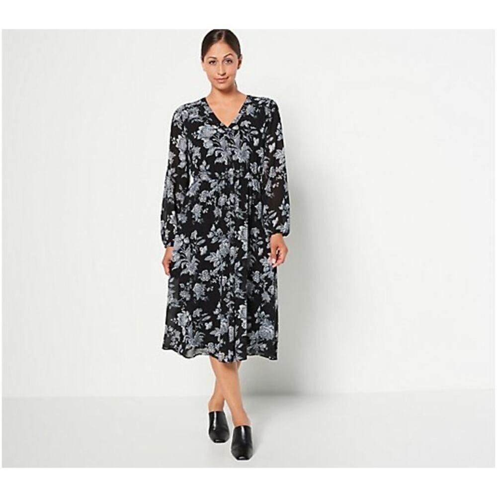 J Jason Wu Duster Misi Dress Women's Med Black Blue Floral Long Sleeve Chiffon
